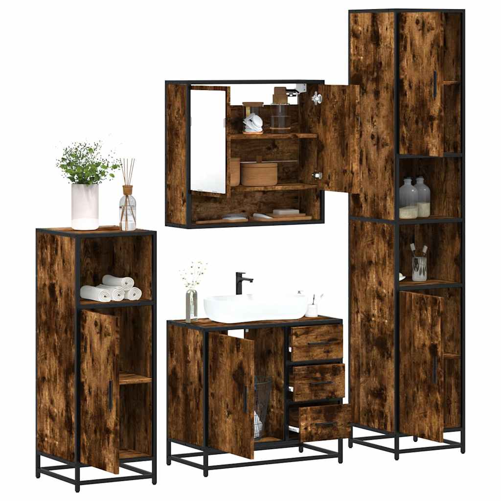 4 Piece Bathroom Furniture Set Smoked Oak Engineered Wood