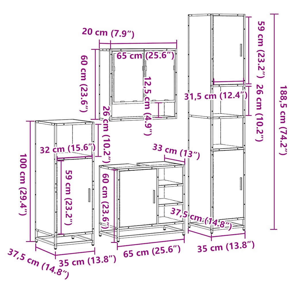 vidaXL 4 Piece Bathroom Furniture Set Smoked Oak Engineered Wood