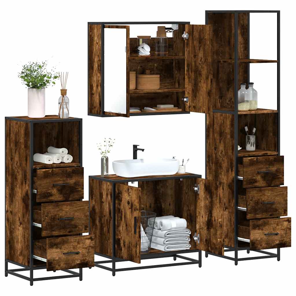 4 Piece Bathroom Furniture Set Smoked Oak Engineered Wood