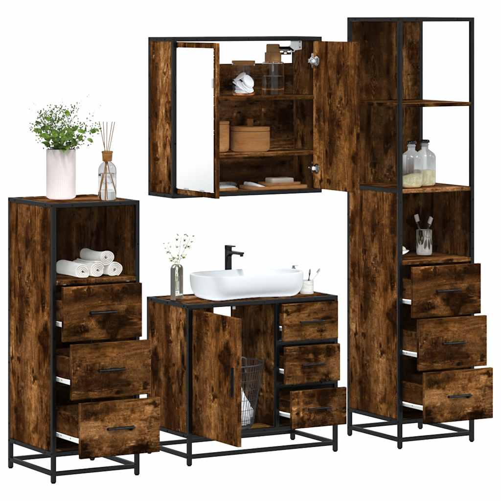 4 Piece Bathroom Furniture Set Smoked Oak Engineered Wood