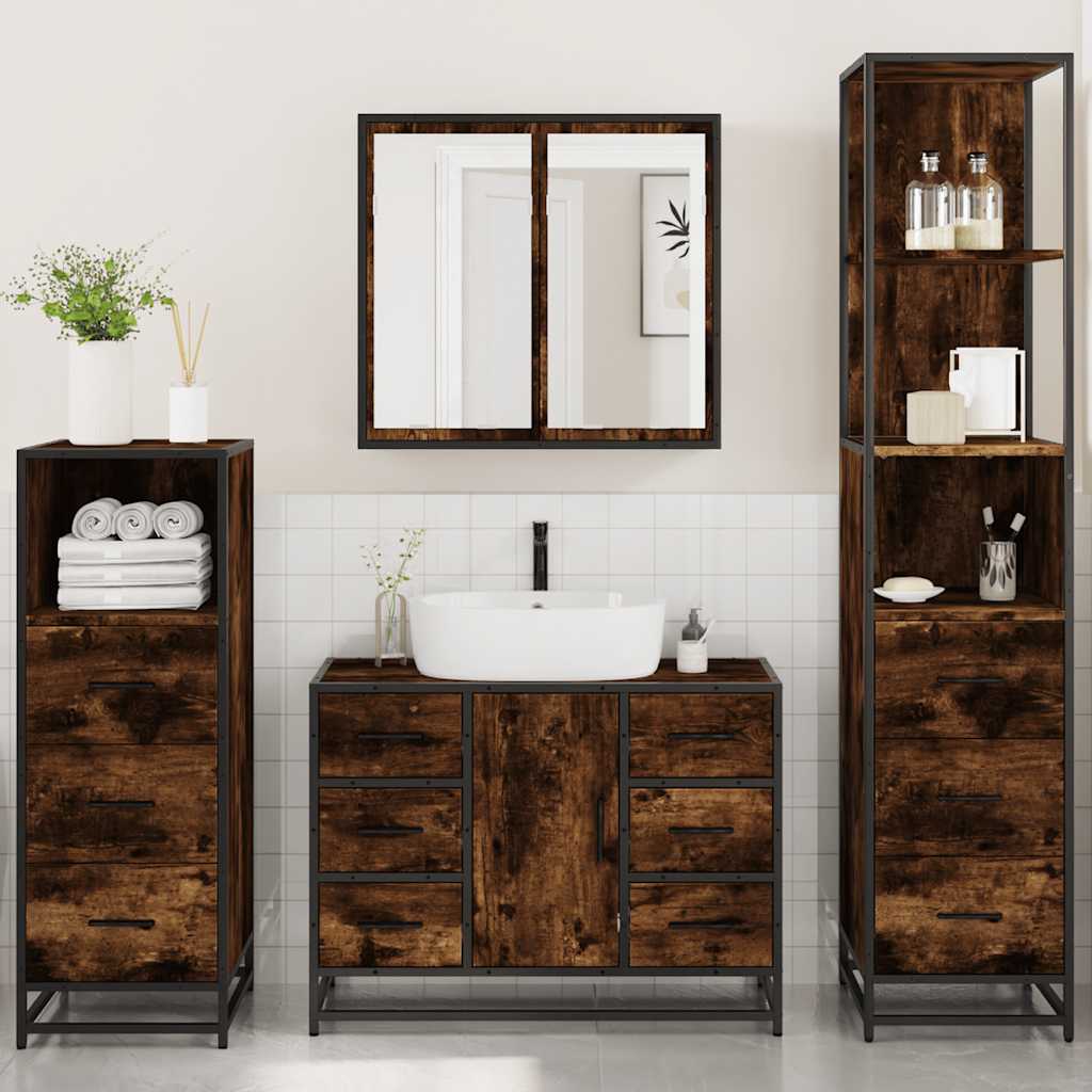 vidaXL 4 Piece Bathroom Furniture Set Smoked Oak Engineered Wood