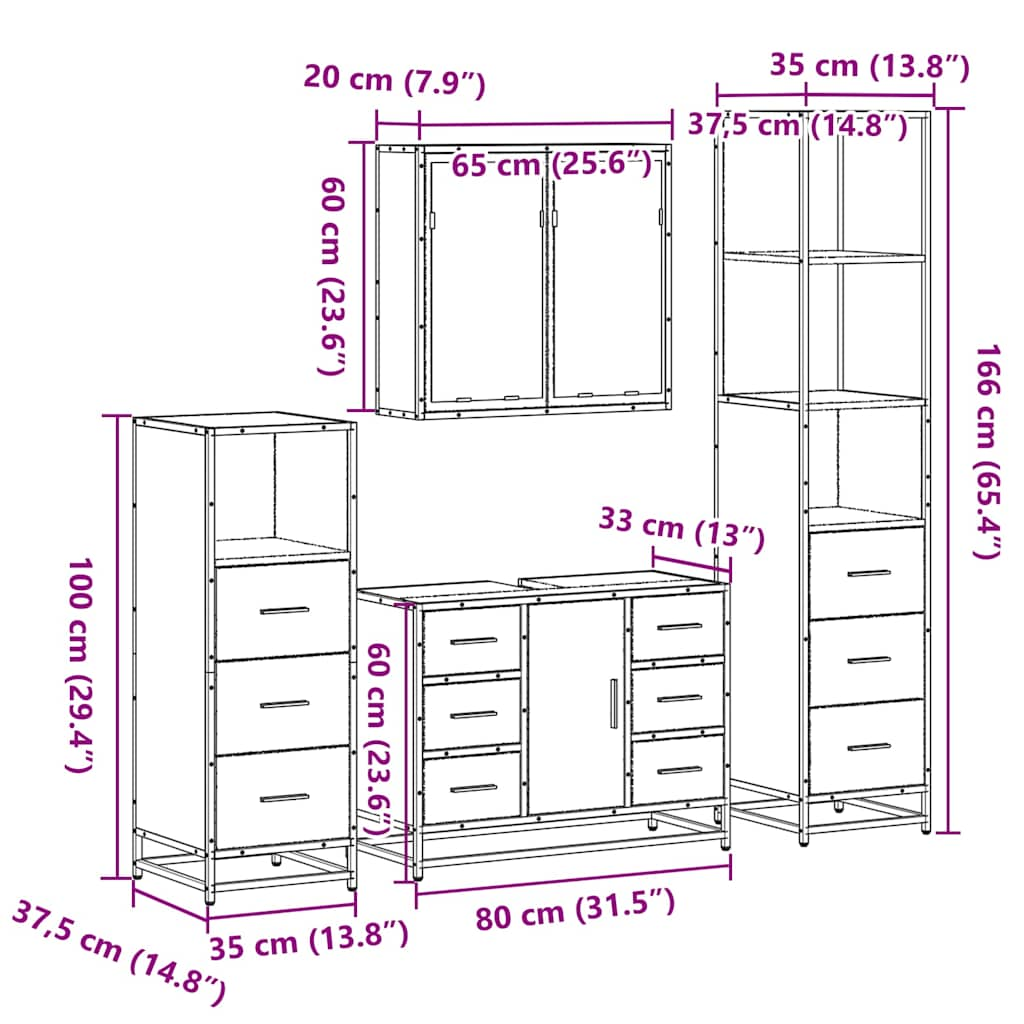 vidaXL 4 Piece Bathroom Furniture Set Smoked Oak Engineered Wood