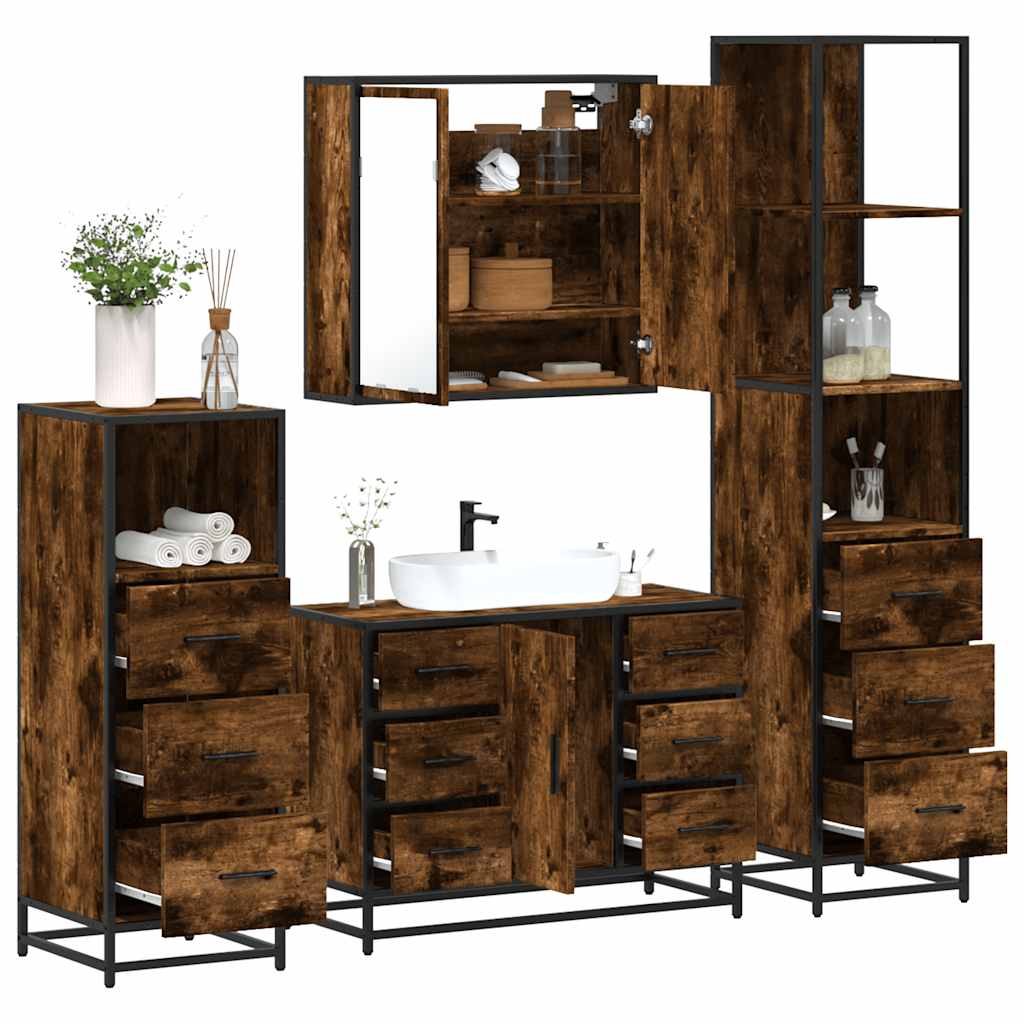 4 Piece Bathroom Furniture Set Smoked Oak Engineered Wood
