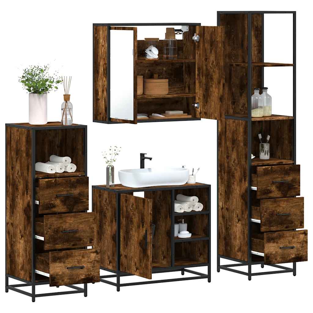 vidaXL 4 Piece Bathroom Furniture Set Smoked Oak Engineered Wood