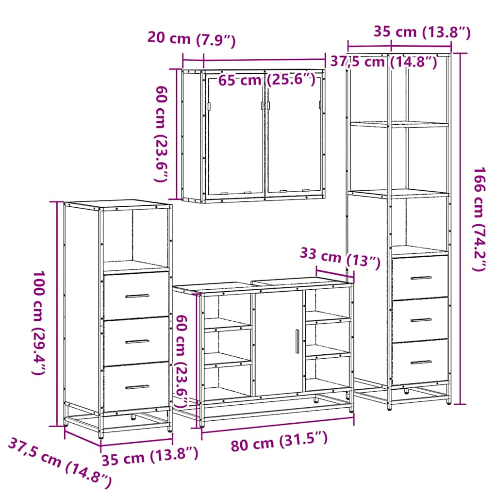 vidaXL 4 Piece Bathroom Furniture Set Smoked Oak Engineered Wood