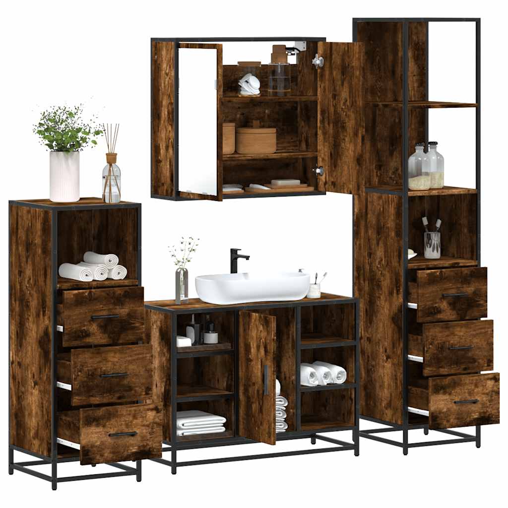 4 Piece Bathroom Furniture Set Smoked Oak Engineered Wood