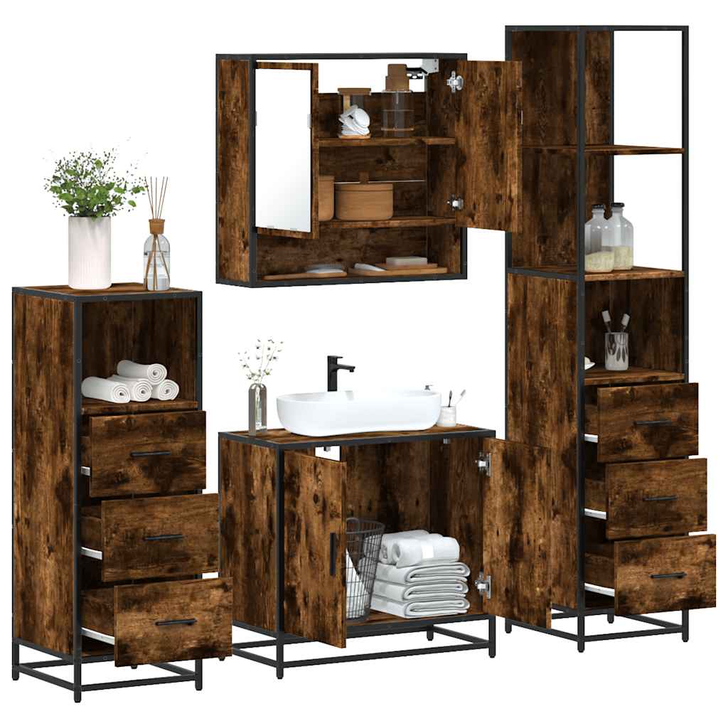 4 Piece Bathroom Furniture Set Smoked Oak Engineered Wood