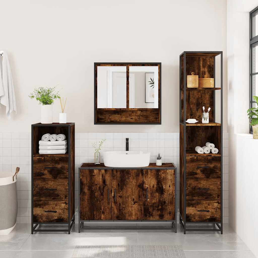 4 Piece Bathroom Furniture Set Smoked Oak Engineered Wood