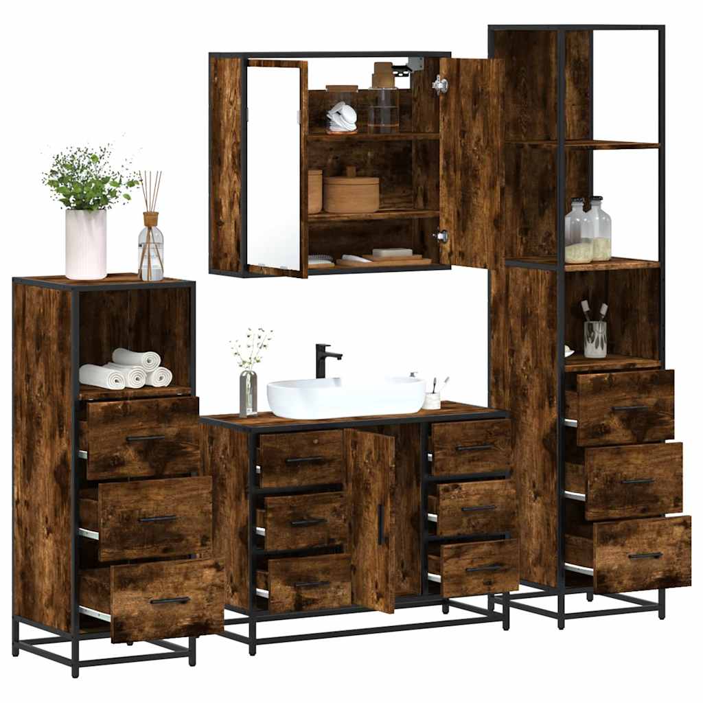 4 Piece Bathroom Furniture Set Smoked Oak Engineered Wood