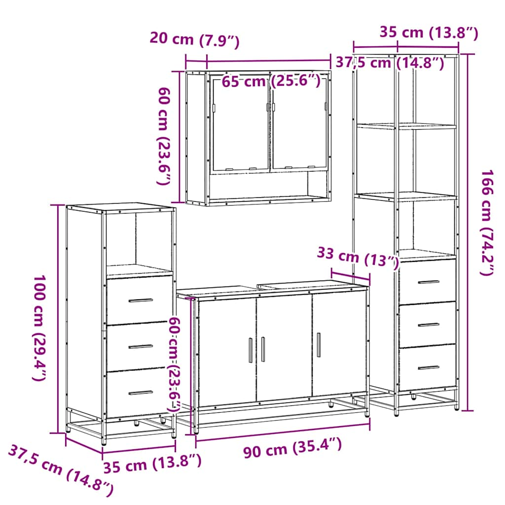 vidaXL 4 Piece Bathroom Furniture Set Grey Sonoma Engineered Wood