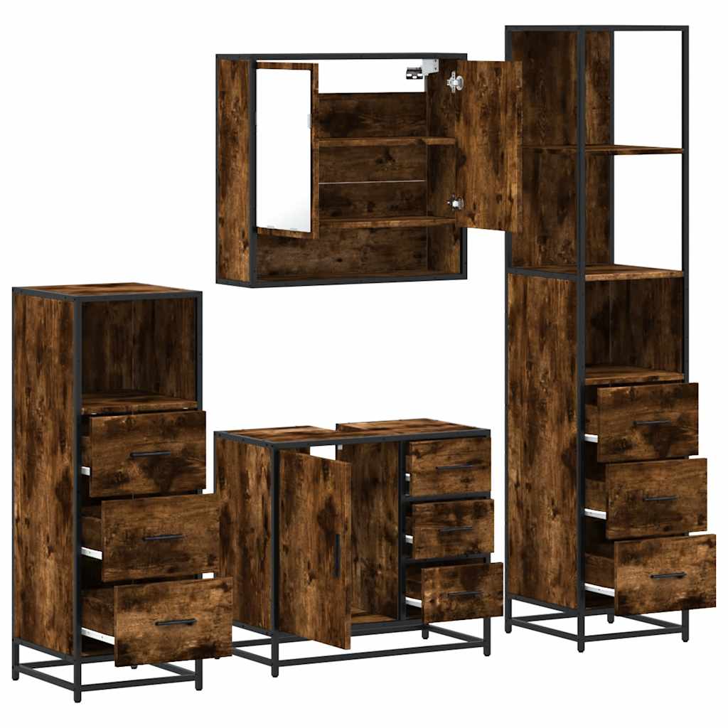 4 Piece Bathroom Furniture Set Smoked Oak Engineered Wood