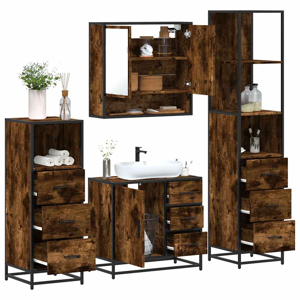 4 Piece Bathroom Furniture Set Smoked Oak Engineered Wood