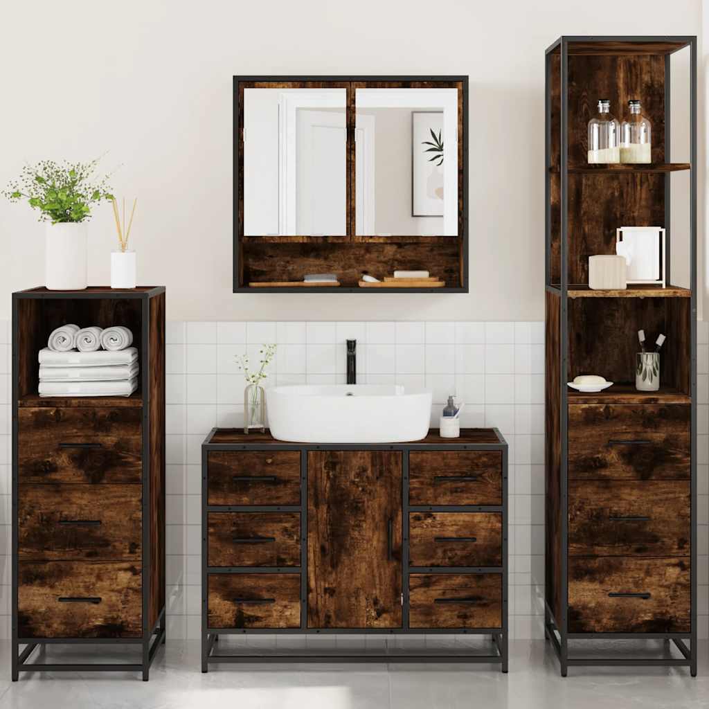 4 Piece Bathroom Furniture Set Smoked Oak Engineered Wood