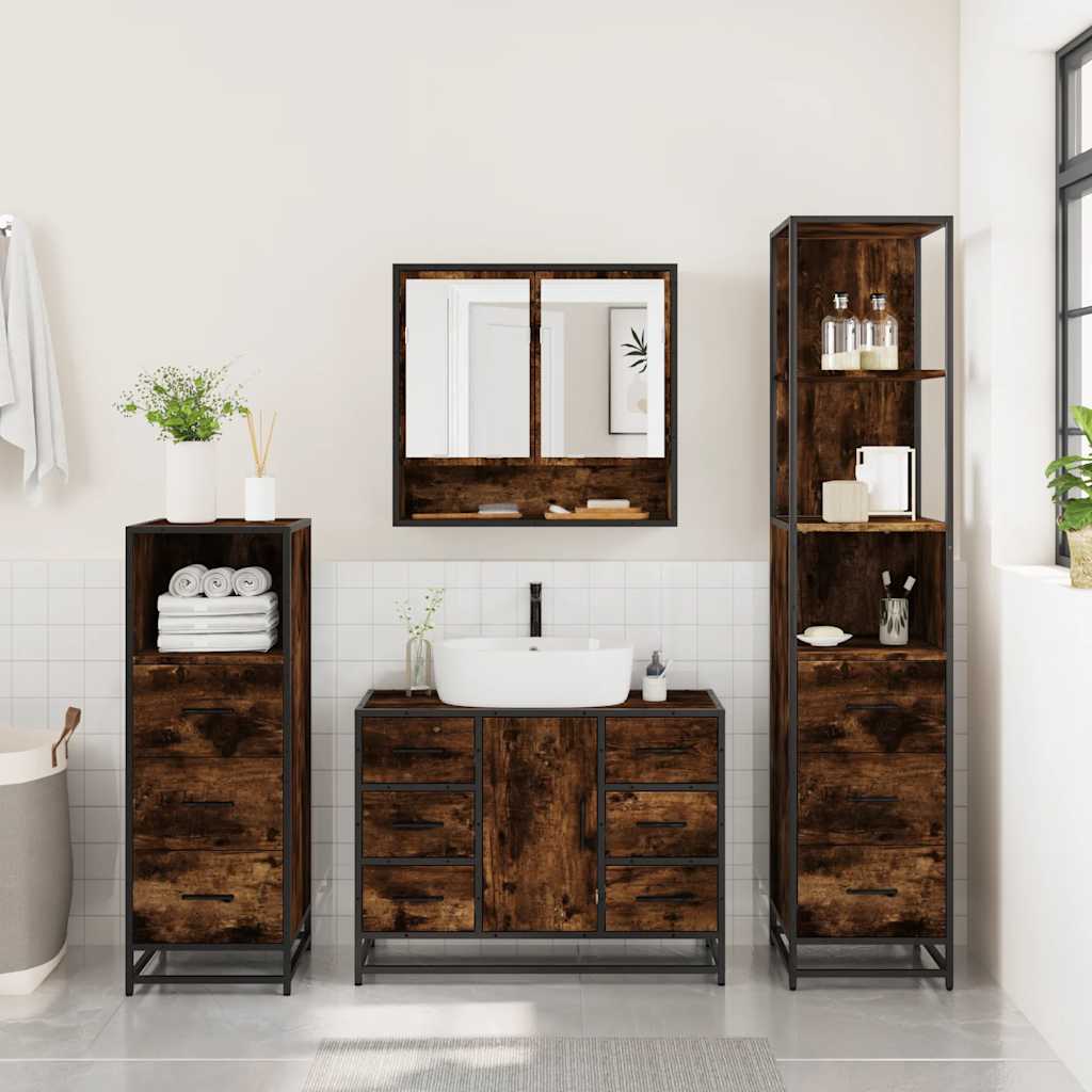 vidaXL 4 Piece Bathroom Furniture Set Smoked Oak Engineered Wood