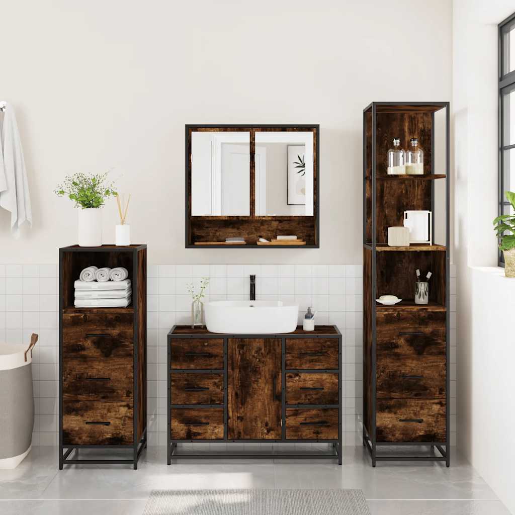 4 Piece Bathroom Furniture Set Smoked Oak Engineered Wood