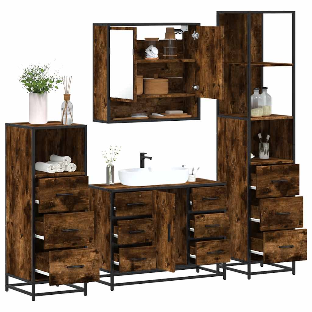 vidaXL 4 Piece Bathroom Furniture Set Smoked Oak Engineered Wood