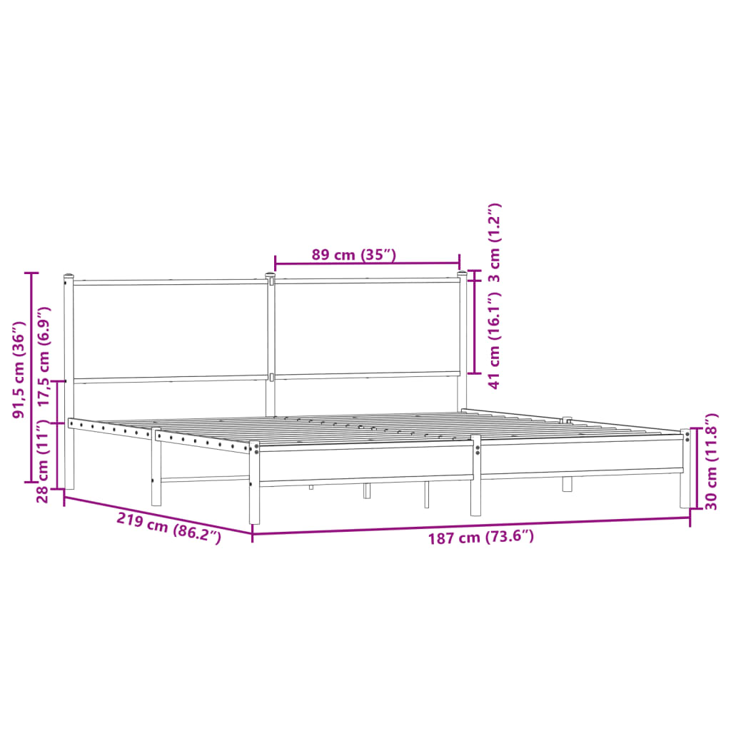 Metal Bed Frame without Mattress Smoked Oak 183x213 cm