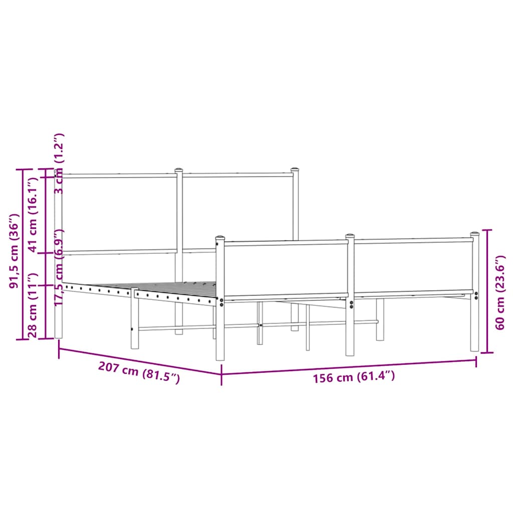 Metal Bed Frame without Mattress Smoked Oak 150x200 cm King Size