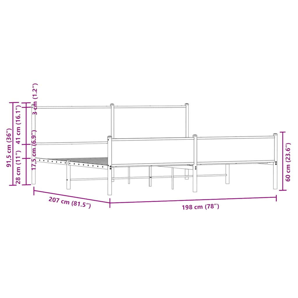 Metal Bed Frame without Mattress Smoked Oak 193x203 cm