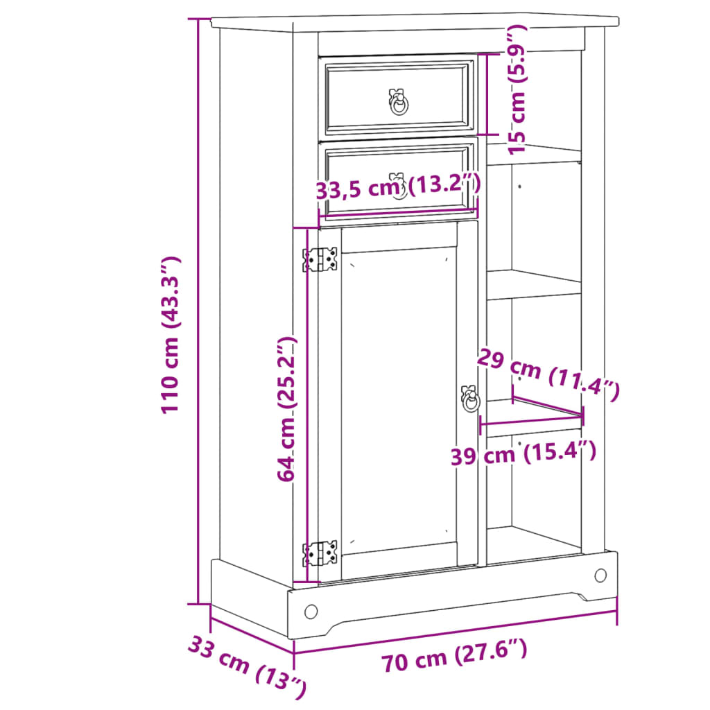 Bathroom Cabinet "Corona" 70x33x110 cm Solid Wood Pine