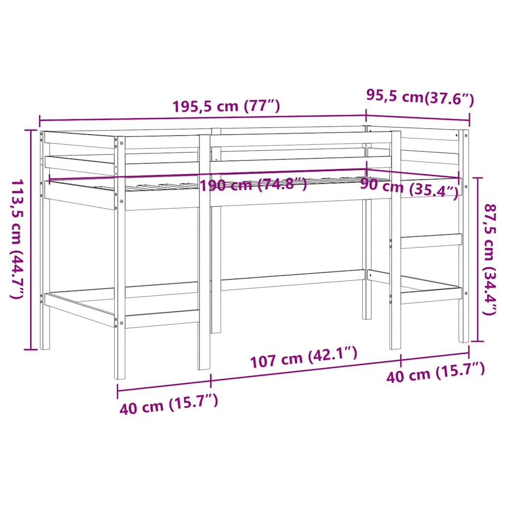 Kids' Loft Bed without Mattress with Ladder Wax Brown 90x190 cm Single
