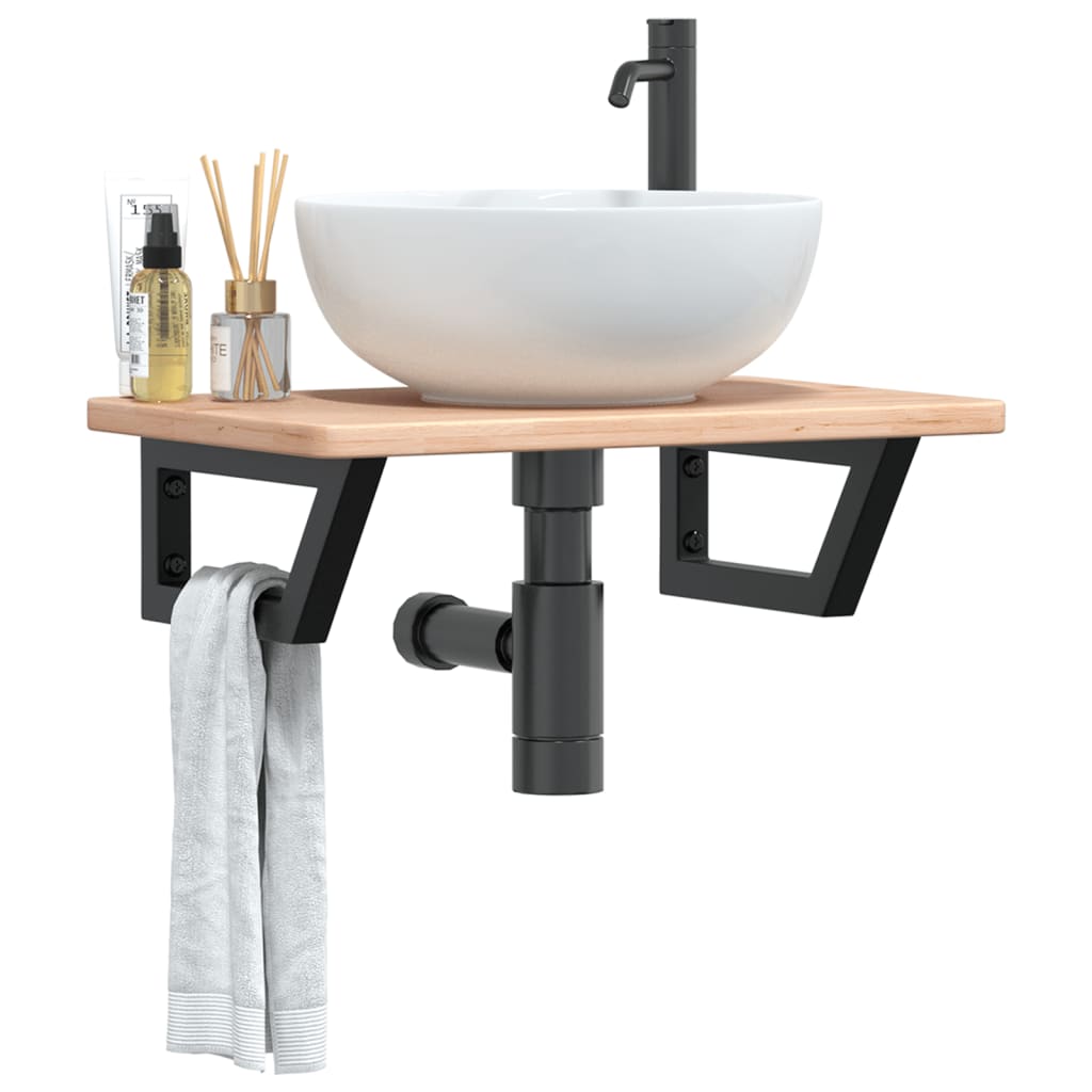 Basin Shelf Wall Mounted Steel and Solid Wood Oak