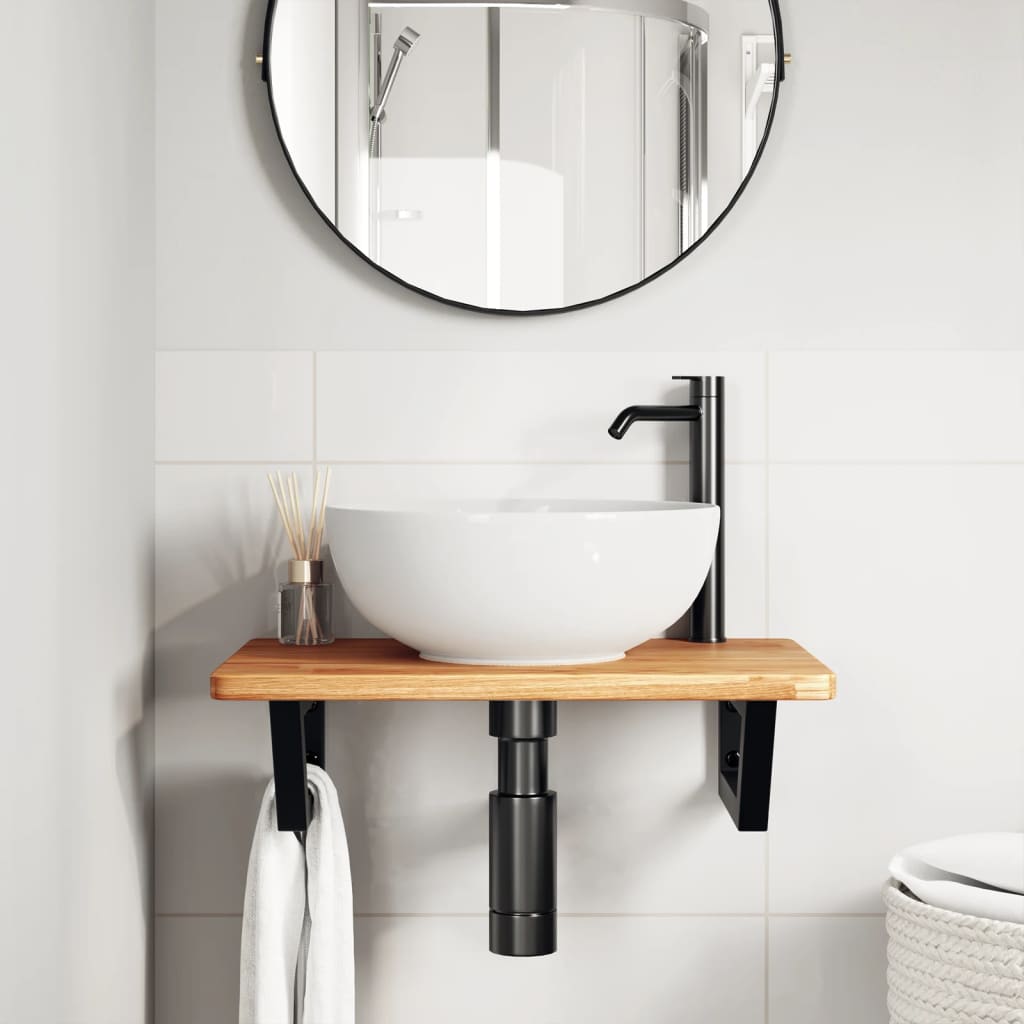 Basin Shelf Wall Mounted Steel and Solid Wood Oak