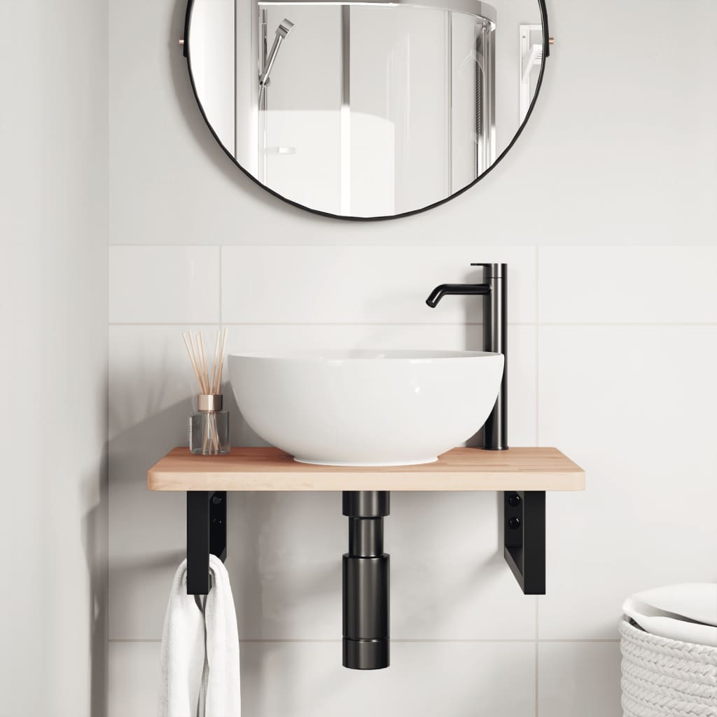 Basin Shelf Wall Mounted Steel and Solid Wood Beech