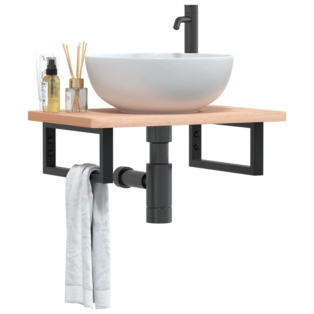 Basin Shelf Wall Mounted Steel and Solid Wood Beech