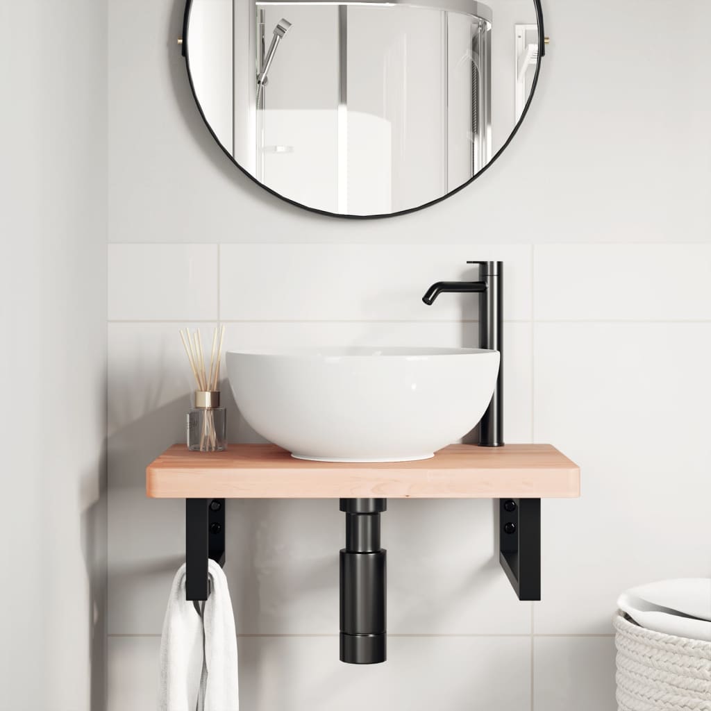 Basin Shelf Wall Mounted Steel and Solid Wood Beech