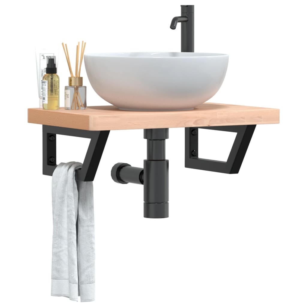 Basin Shelf Wall Mounted Steel and Solid Wood Beech