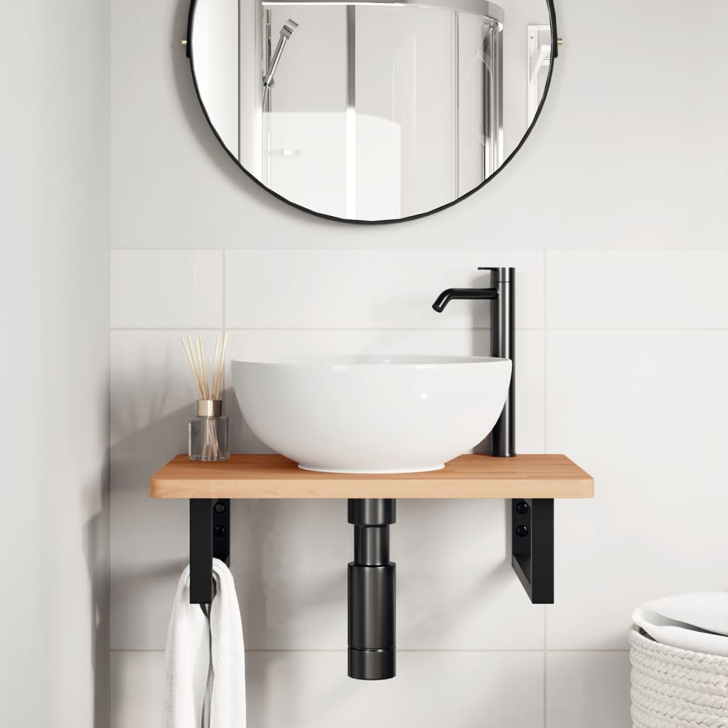 Basin Shelf Wall Mounted Steel and Solid Wood Beech