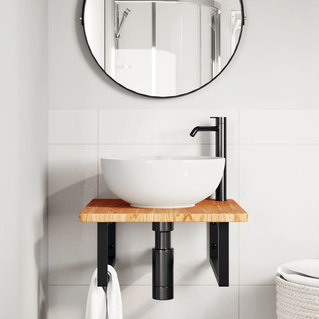 Basin Shelf Wall Mounted Steel and Solid Wood Oak