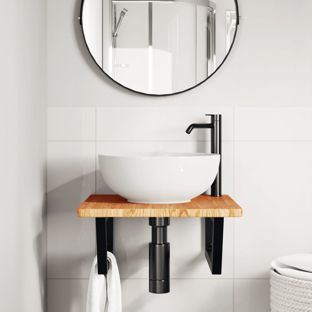 Basin Shelf Wall Mounted Steel and Solid Wood Oak