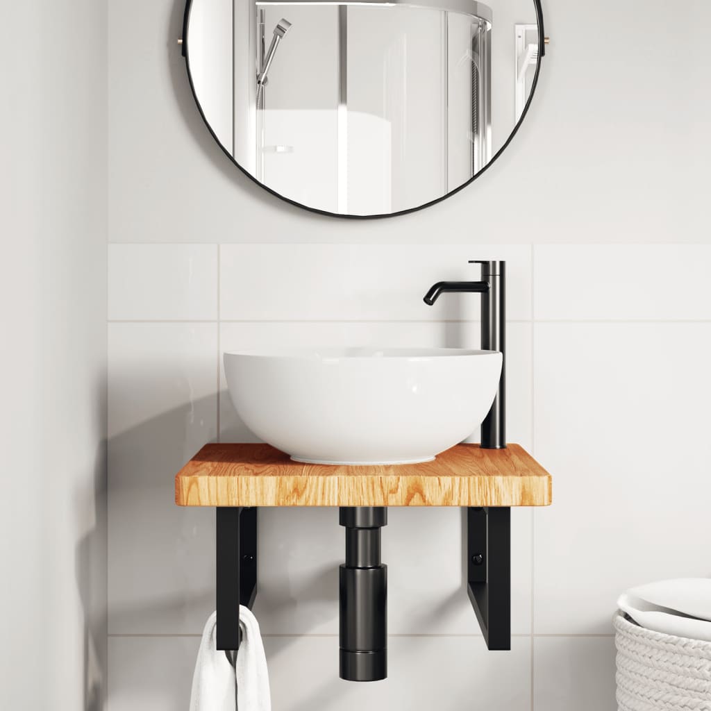 Basin Shelf Wall Mounted Steel and Solid Wood Oak