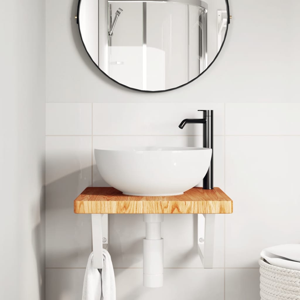 Basin Shelf Wall Mounted Steel and Solid Wood Oak