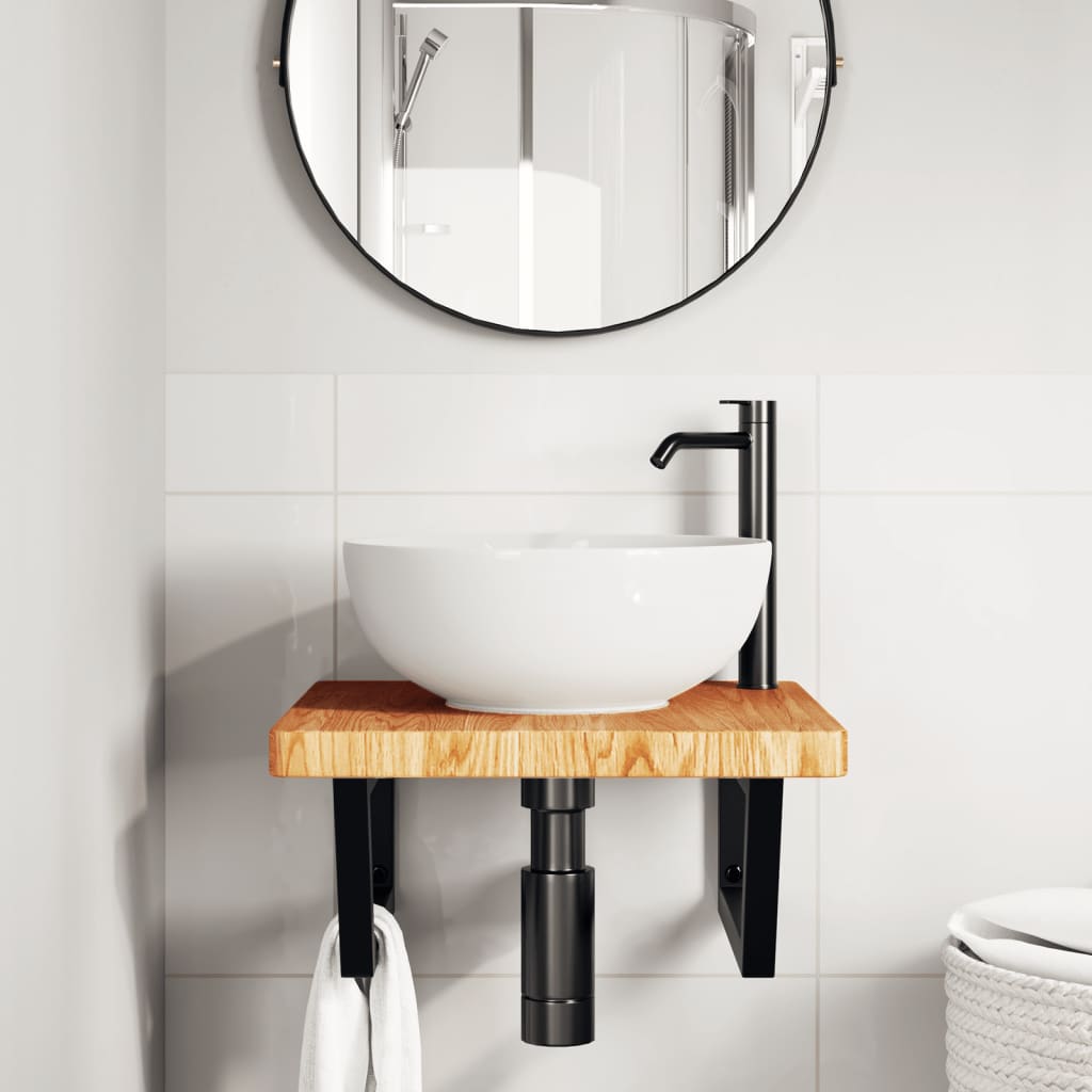 Basin Shelf Wall Mounted Steel and Solid Wood Oak