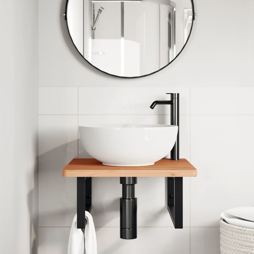 Basin Shelf Wall Mounted Steel and Solid Wood Beech