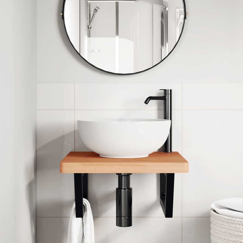 Basin Shelf Wall Mounted Steel and Solid Wood Beech