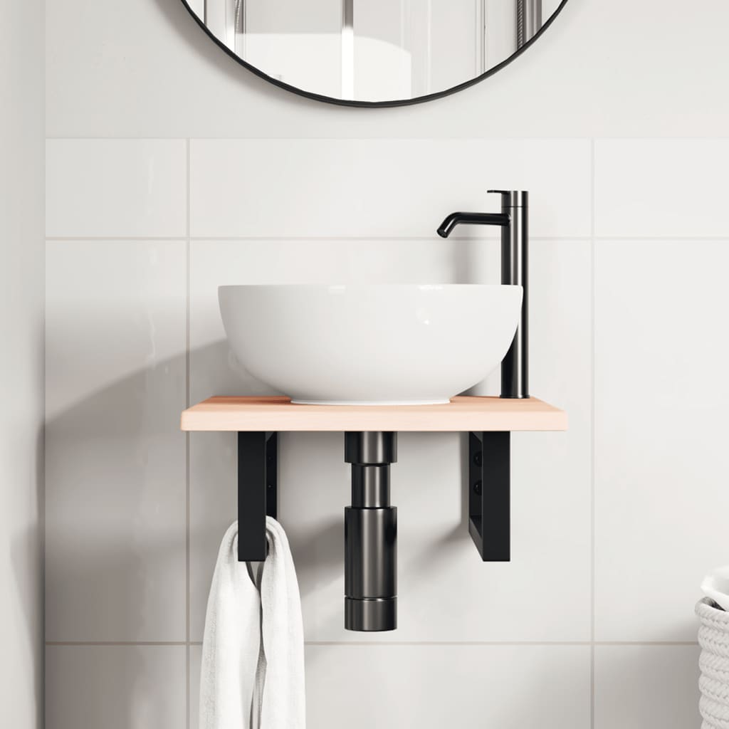 Basin Shelf Wall Mounted Steel and Solid Wood Oak