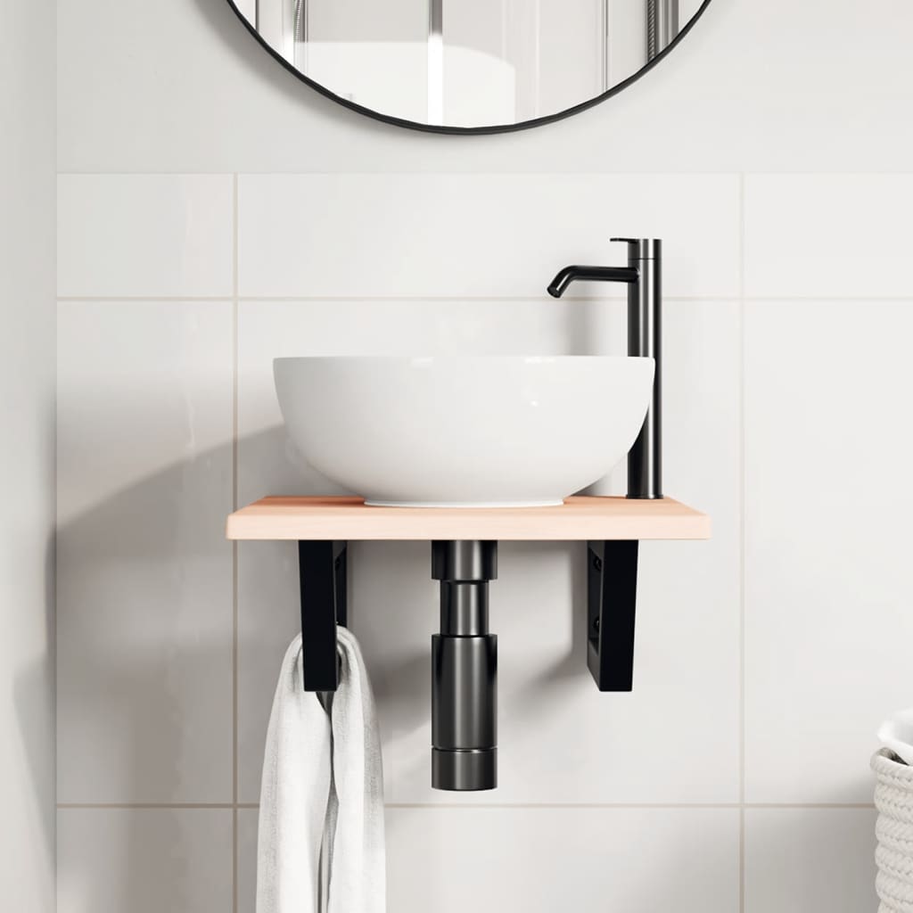 Basin Shelf Wall Mounted Steel and Solid Wood Oak