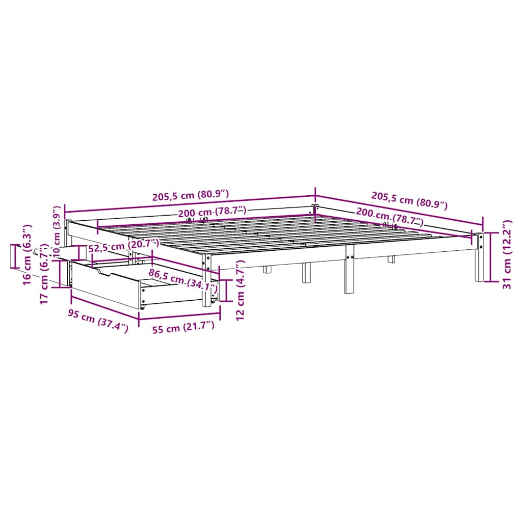 Bed Frame without Mattress White 200x200 cm Solid Wood Pine