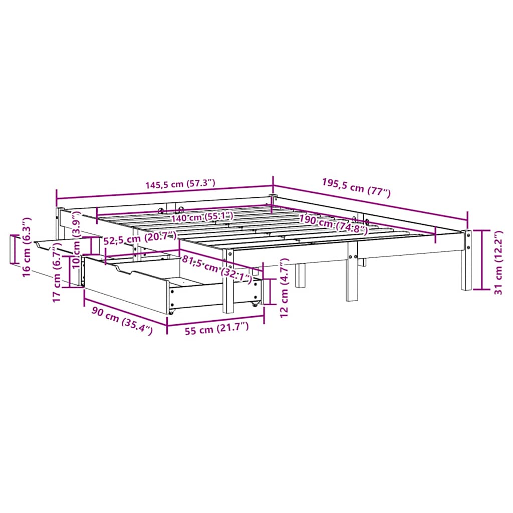 Bed Frame without Mattress Wax Brown 140x190 cm Solid Wood Pine