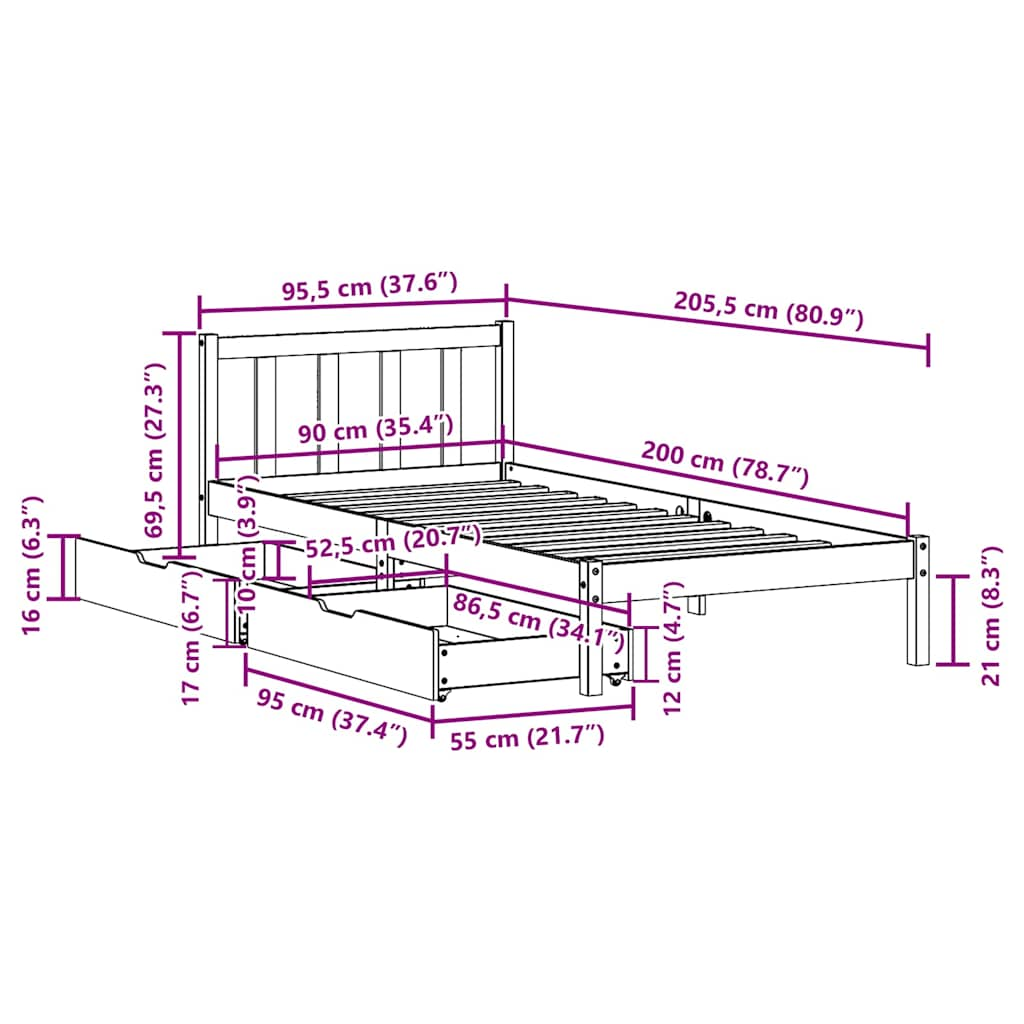 vidaXL Bed Frame without Mattress Wax Brown 90x200 cm Solid Wood Pine