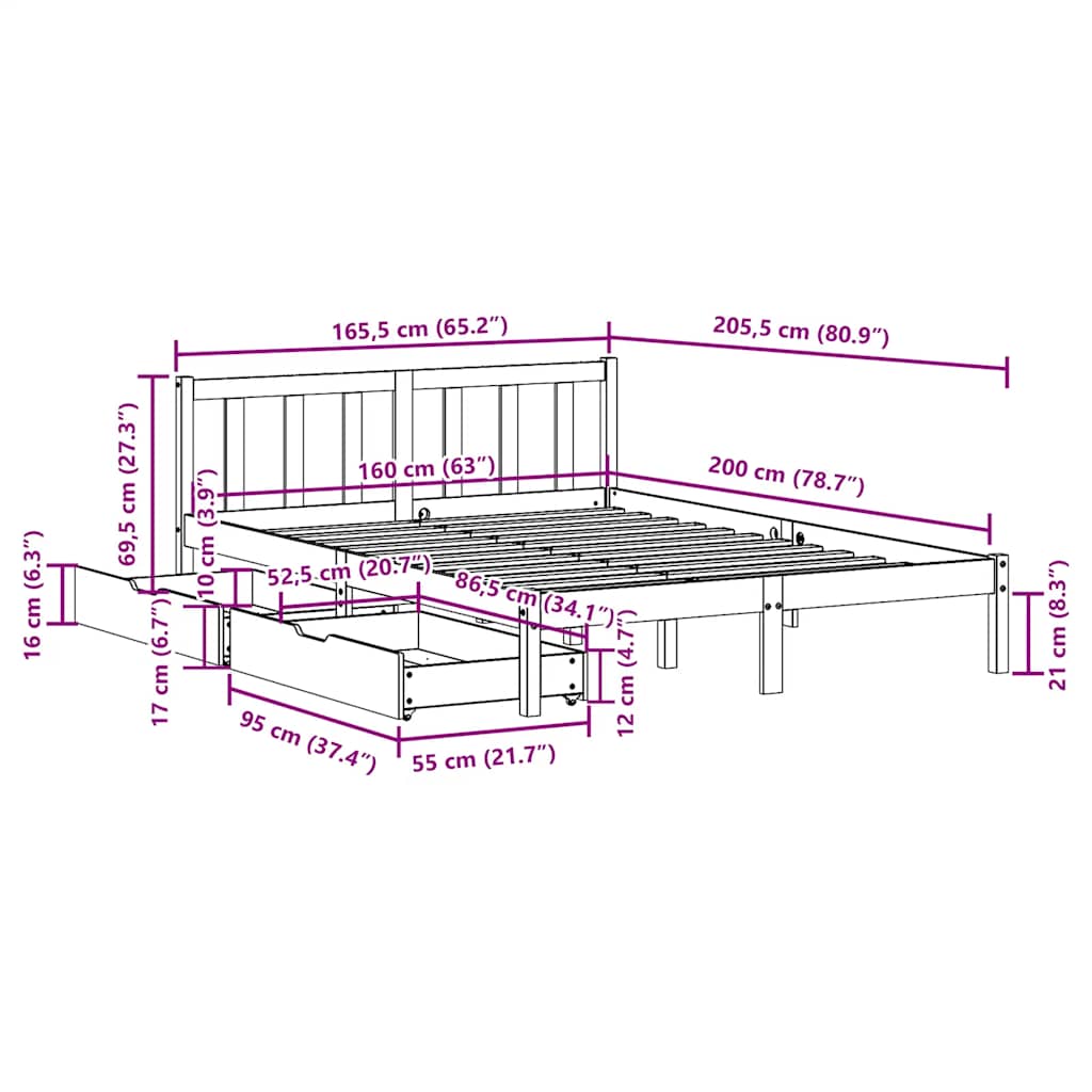 vidaXL Bed Frame without Mattress Wax Brown 160x200 cm Solid Wood Pine