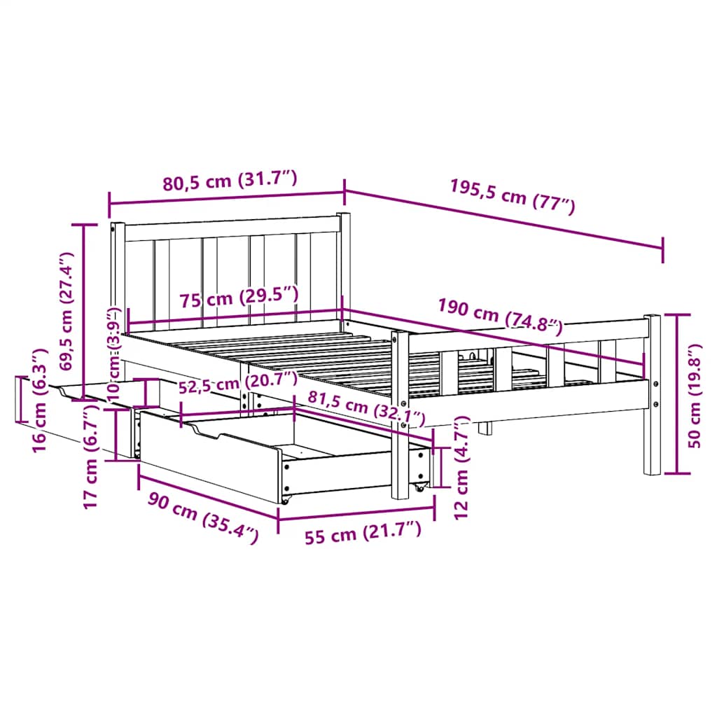 Bed Frame without Mattress Wax Brown 75x190 cm Small Single Solid Wood Pine