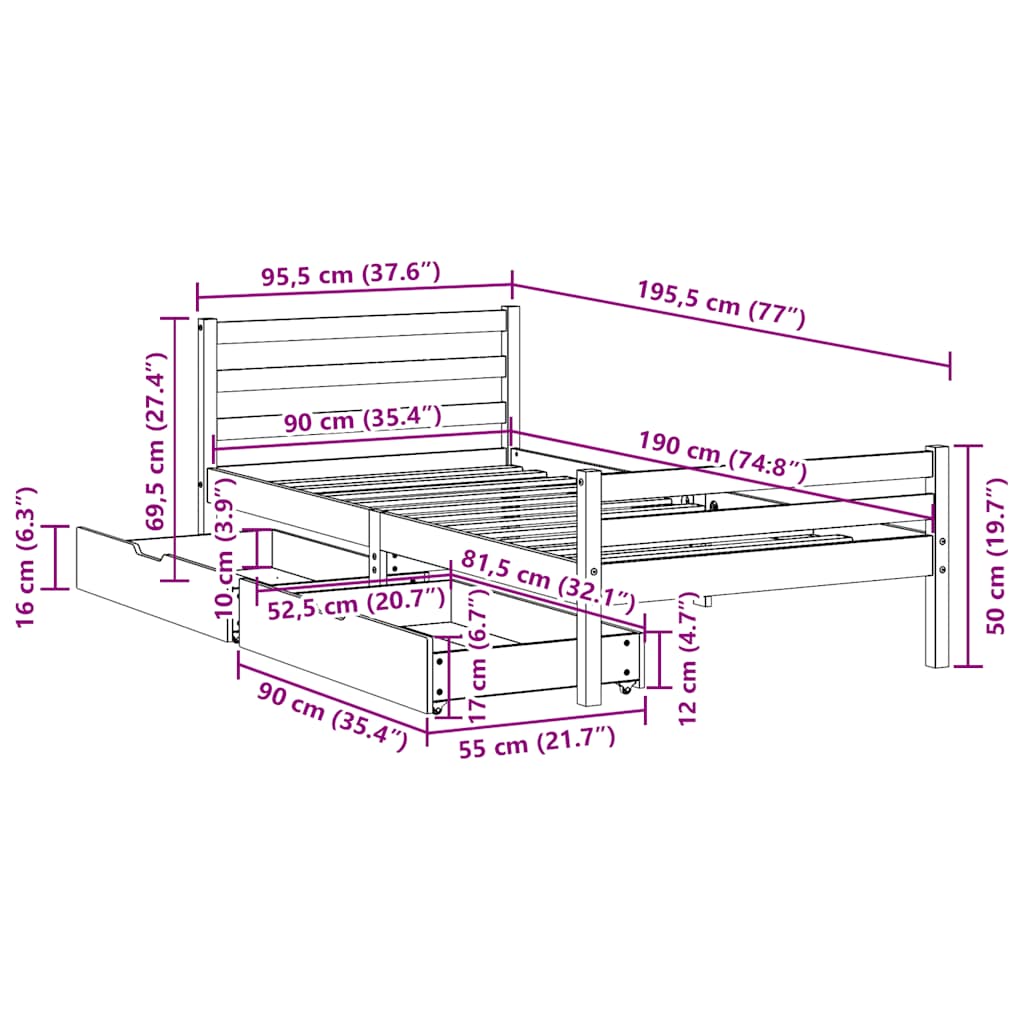 vidaXL Bed Frame without Mattress White 90x190 cm Single Solid Wood Pine