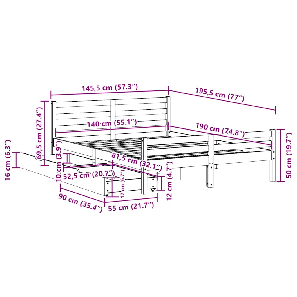 Bed Frame without Mattress 140x190 cm Solid Wood Pine