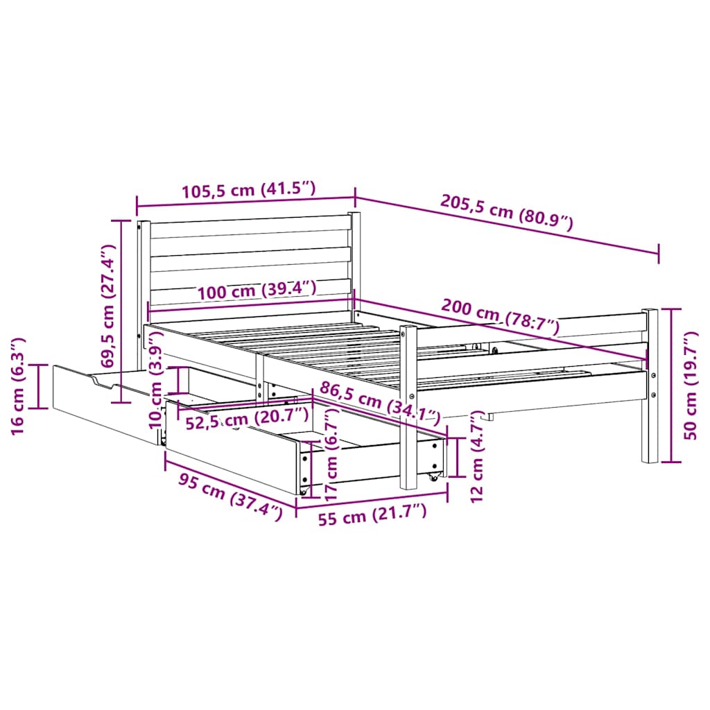 Bed Frame without Mattress White 100x200 cm Solid Wood Pine