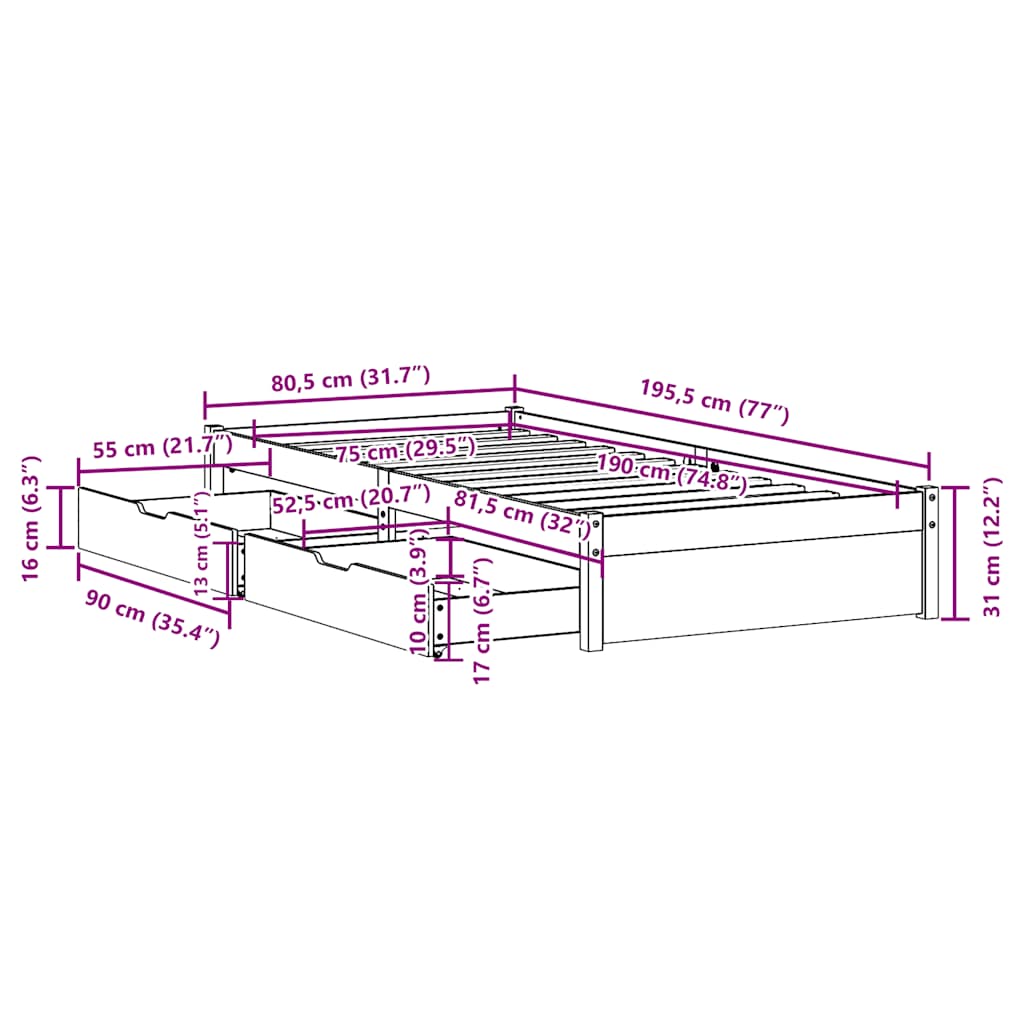 Bed Frame | Natural Pine | Solid Pine wood | Small Single | Storage